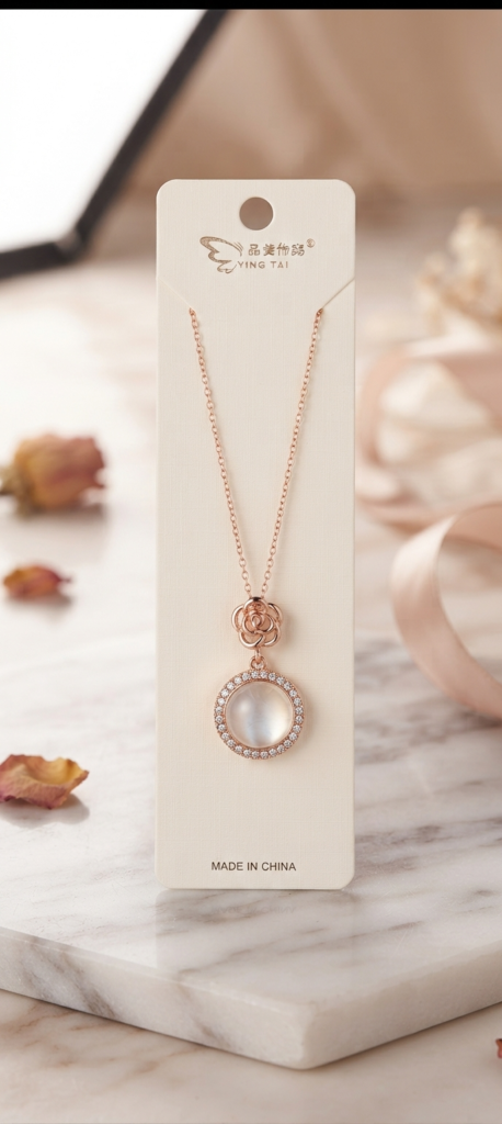 Rose Gold Floral Motif Circular Stone Pendant Necklace