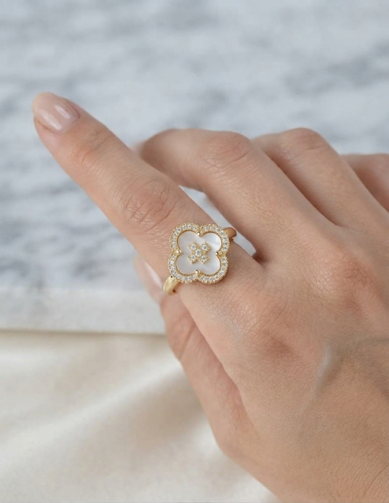 Korean Gold Clover Crystal Adjustable Ring