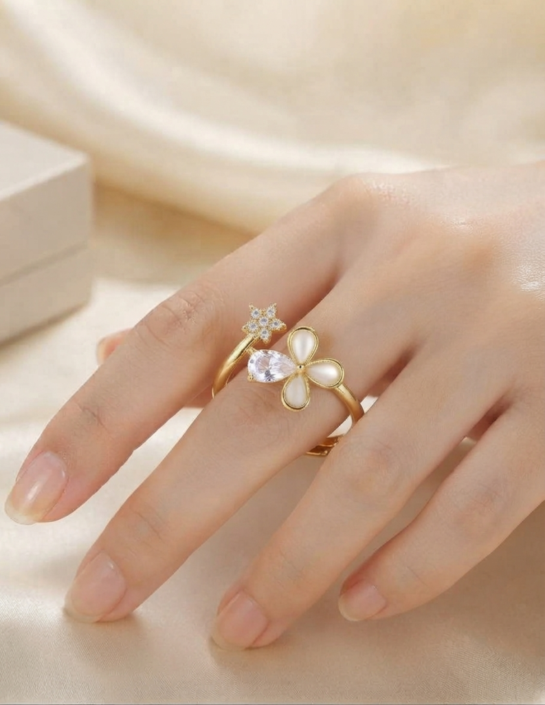 Korean Gold Flower & Crystal Star Adjustable Ring