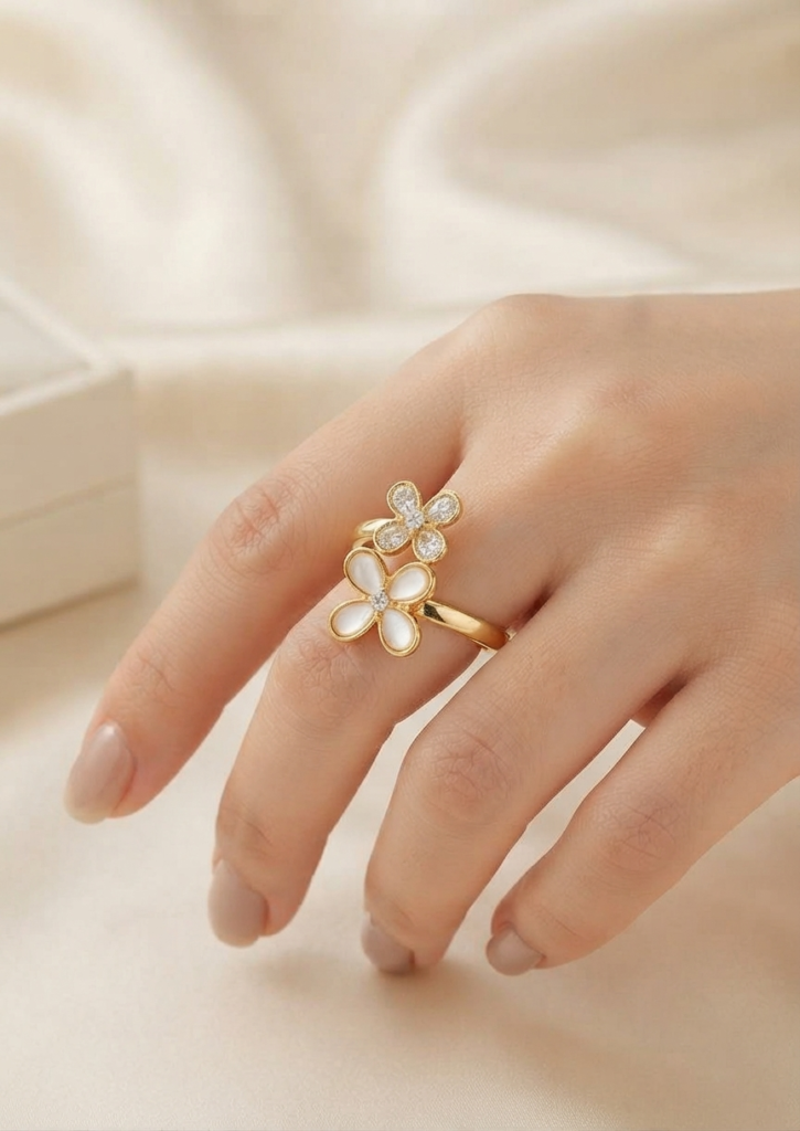 Korean Gold Dual Flower Crystal Adjustable Ring