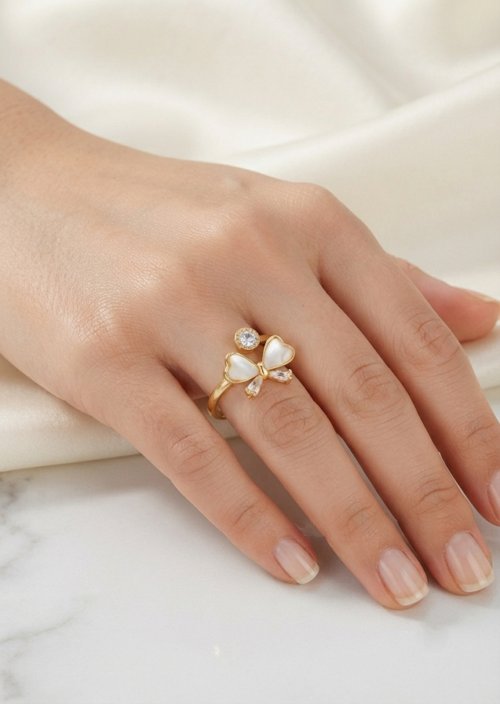 Korean Gold Pearl Bow Knot Crystal Adjustable Ring