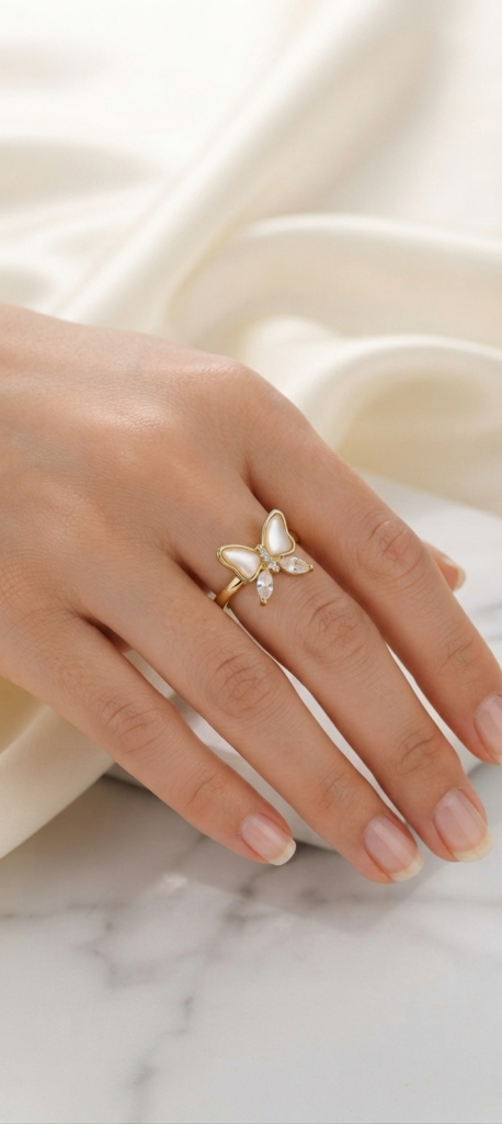 Korean Ring, Butterfly Ring, Pearl Ring, Gold Ring, Adjustable Ring
