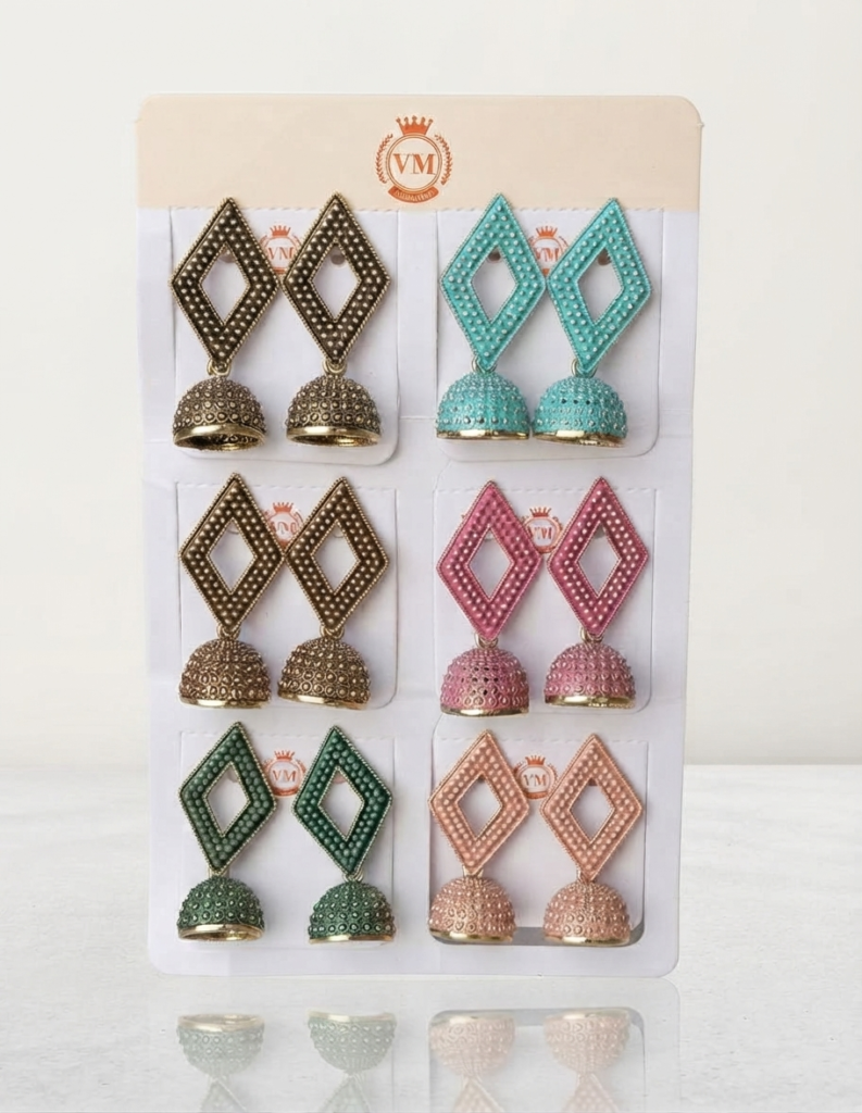 6-Pair Colorful Geometric Jhumka Combo