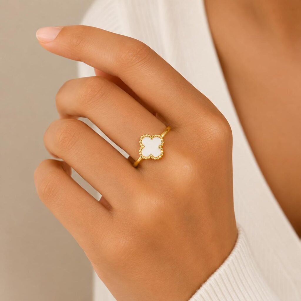 Korean Gold Classic Clover Pearl Adjustable Ring