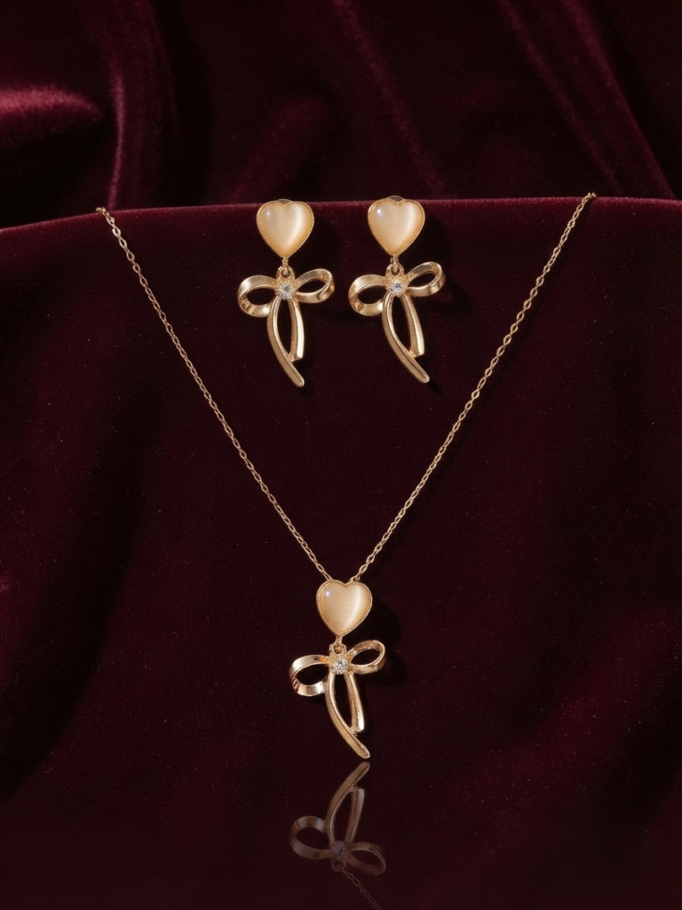 Plated with CZ Heart and Bow Ribbon Pendant Set