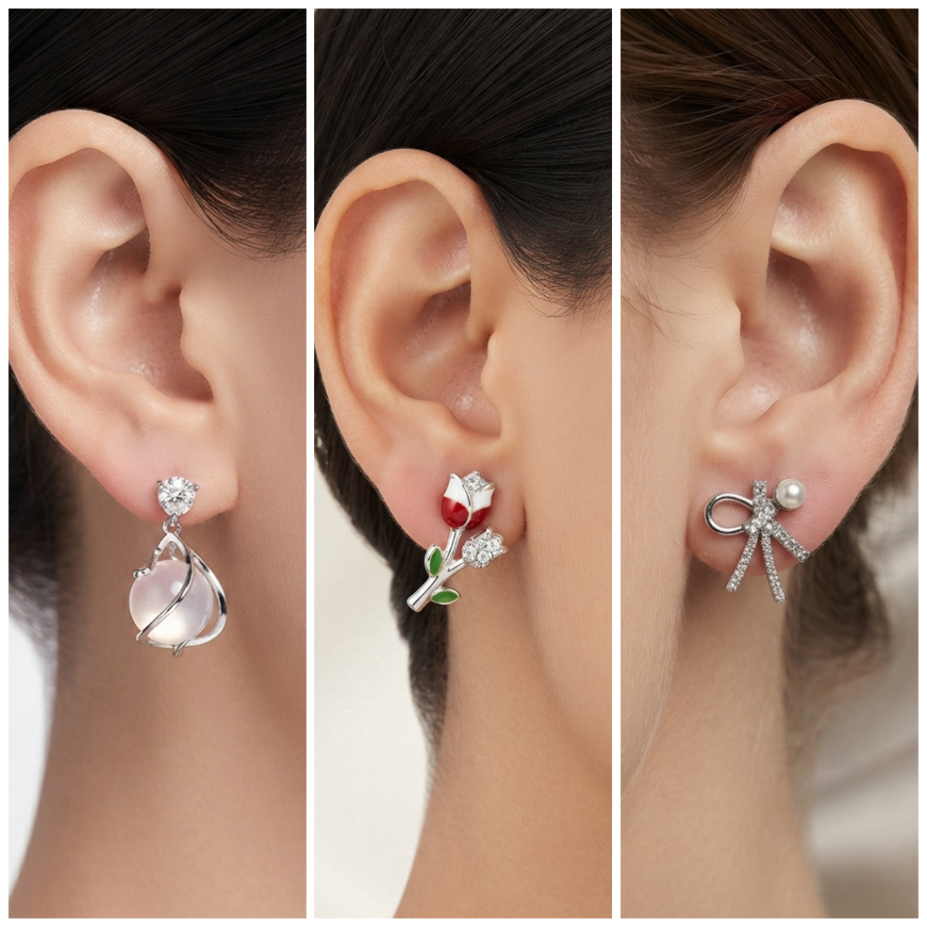 Stylish Tulip, Silver-Plated Bow & Stone Ball Stud Earrings Combo (Pack of 3)