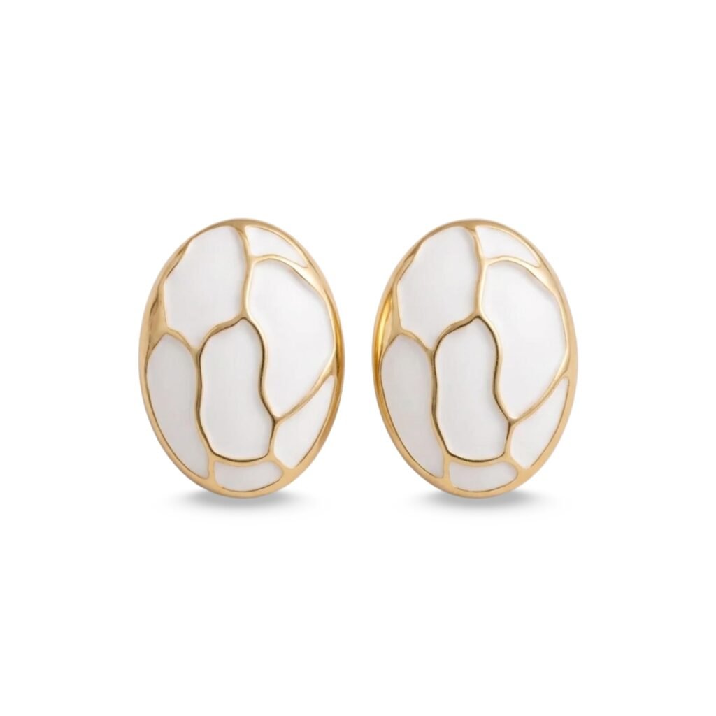 Korean Style Anti-Tarnish Gold-Plated White Oval Stud Earrings